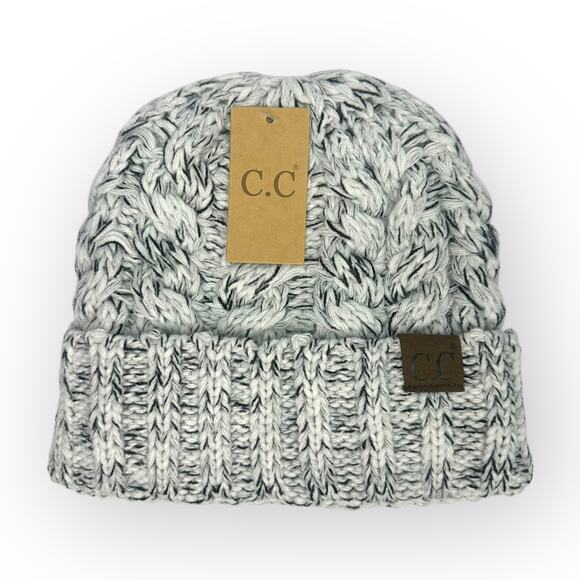 C.C Beanie NWT Cable Knit Cuffed Beanie Adult One Size White/Black Winter Hat - Picture 1 of 7